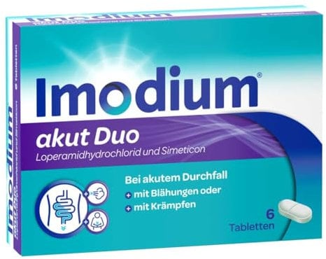 Imodium® akut Duo – Unser bestes Imodium bei akutem Durchfall – Lindert zusätzlich begleitende Blähungen oder Krämpfe - 6 Tabletten