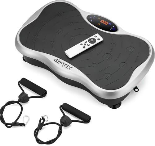 Gymtek Vibrationsplatte, Vibrotrainer - bis 180kg - 5 Ausbildungsprogramme, 99 Stufen - 2 Expanderbänder - Bluetooth, Fern