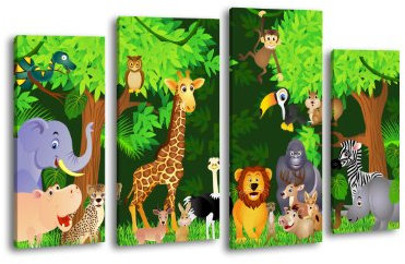wandmotiv24 Leinwandbild Animals LW66 Wandbild, Bild auf Leinwand, 4 Teile, 180x100cm, Kunstdruck Canvas, XXL Bilder, Keilrahmenbild, fertig aufgespannt, Bild, Holzrahmen, Dschungel, Kinder, Tiere,