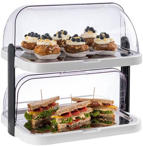 APS 9200 Buffetvitrine „Doppeldecker“ – 2 beidseitig aufklappbare, transparente Rolltophauben, 2 Edelstahl-Tabletts, 4 Kühl-Akkus, platzsparend lagerbar – Made in Germany, Weiß, Groß