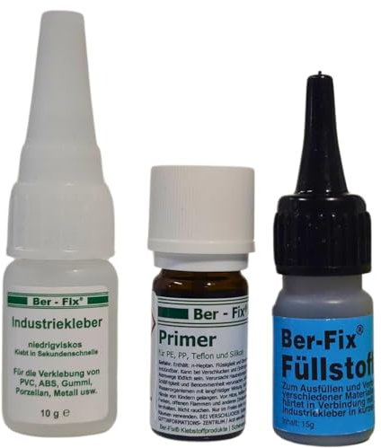 Ber-Fix Schweißnaht-Set S Primer & Füllstoff für Kunststoff, PVC, ABS, GFK, Metall, PE, PP, Silikon 10g Kleber + 15g Granulat schwarz, 5ml Primer