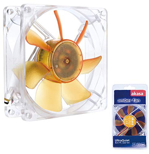 Akasa 80mm Amber | Silent Fan | 20.0dB | 3-pin to 4-pin adapter | 1800 RPM | High Airflow & Static Pressure | For PCs, Heatsink, CPU cooling and Ventilation | AK-182-L2B