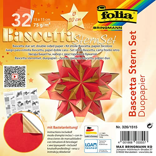 folia 326/1515 - Bastelset Bascetta Stern Duo hochrot/gold, 32 Blatt, 15 x 15 cm, fertige Größe des Papiersterns ca. 20 cm, mit ausführlicher Anleitung - ideal zur zeitlosen Dekoration