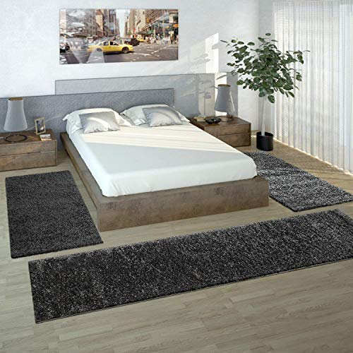 Paco Home Bettumrandung Läufer Shaggy Hochflor Langflor Teppich Anthrazit Läuferset 3 TLG, Grösse:2mal 70x140 1mal 70x250