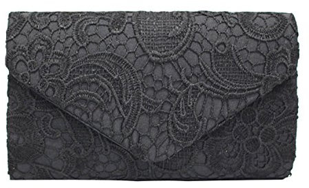 PB-SOAR Elegant Damentasche Clutch Abendtasche Brauttasche Umhängetasche Handtasche mit Spitze, 8 Farben auswählbar (Schwarz)