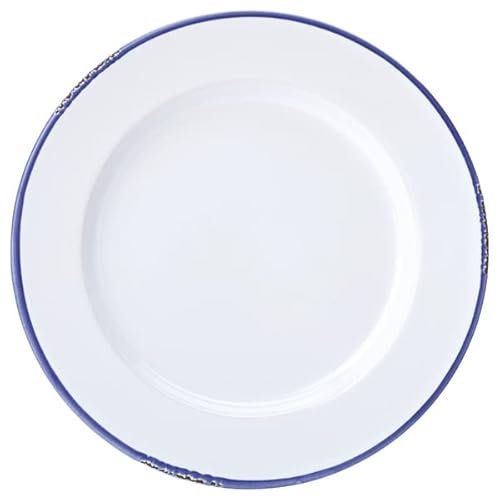Utopia Tableware Avebury Blue Rim Plate 10inch / 26cm - Case of 6 - Rustic Enamel Style White Vintage Dinner Plates