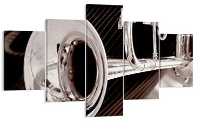 Bilder auf Leinwand Musik Trompete Instrument Orchester Leinwandbild 125x70cm Wandbilder Dekoration Wohnzimmer Schlafzimmer Set 5 teilige Klein Wanddeko Bild Wand Kunstdruck Art Canvas EA125x70-1553