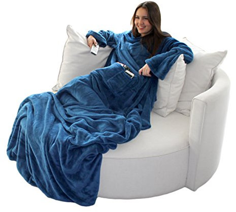 Brandsseller Flauschige TV-Decke mit Ärmeln 170x200 cm in Cashmere Feeling - Fußsack und 2 Taschen - Kuscheldecke Tagesdecke Blau