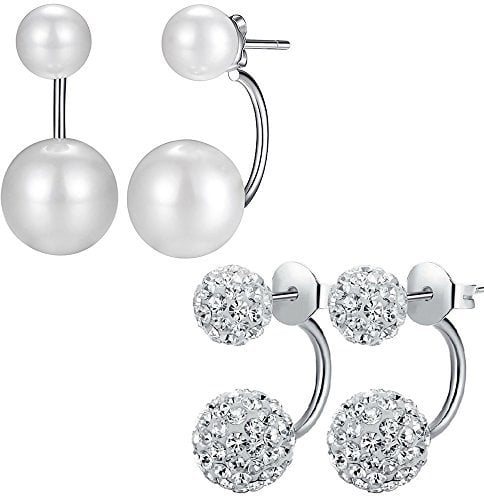 Kim Johanson Damen Doppel Ohrringe Set Fusion aus 925 Sterling Silber mit Perlen & Shamballa Kugeln inkl. Schmuckbeutel