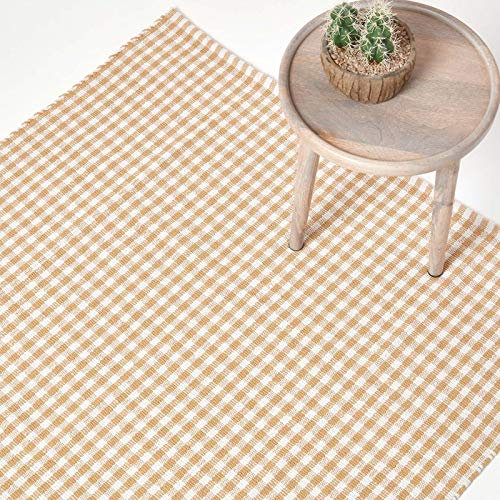 Homescapes Karo-Teppich beige, Flachweb-Teppich 60x90 cm, Baumwoll Landhaus-Karo, Handwebteppich