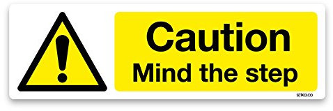 Pack of 2 Caution Mind the Step Sign, 200x60, Warning and Hazard Safety Vinyl Sticker (White Vinyl)