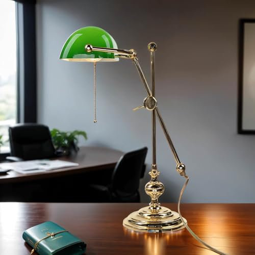 Licht-Erlebnisse Bankerlampe Messing Glas in Gold Grün Büro Arbeitszimmer 47 cm E27 vergoldet mit 24 Karat Zugschalter elegante Jugendstil Tischlampe