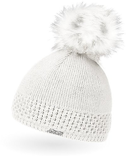 Neverless® gefütterterte Damen Strickmütze mit Fell-Bommel, Kunstfell, Winter-Mütze, Bommelmütze, weiß Unisize