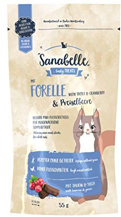 Sanabelle Snack Forelle und Preiselbeere | Leckere Mini-Fleischsticks für ausgewachsene Katzen | 20 x 55 g