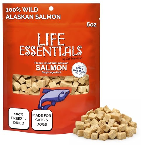 All Natural Freeze Dried Wild Alaskan Salmon Treats for Cats & Dogs - Single Ingredient Grain Free Snack With No Additives or Preservatives - 5 Ounce Bag