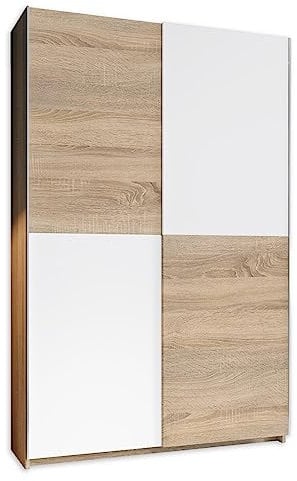 Stella Trading ALADIN Schwebetürenschrank, Eiche Sonoma Optik / Weiß - Moderner Mehrzweckschrank Garderobenschrank mit viel Stauraum - 125 x 195 x 38 cm (B/H/T)