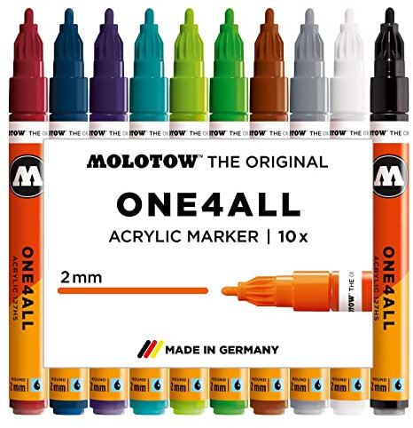 Molotow One4All 127HS Acryl Marker Basic-Set 2 (2,0 mm Strichstärke, hochdeckend und permanent, UV-beständig, für fast alle Untergründe) 10 Stück sortiert