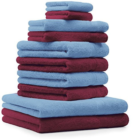 Betz 10-TLG. Handtuch-Set Premium 100% Baumwolle 2 Duschtücher 4 Handtücher 2 Gästetücher 2 Waschhandschuhe Farbe Dunkel Rot & Hell Blau