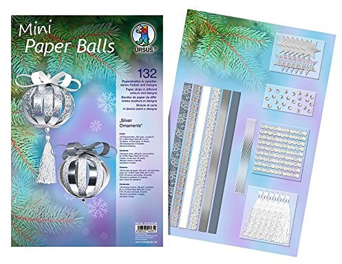 Ursus 24130099 - Designstreifen Mini Paper Balls Silver Ornaments, silver/weiß, Materialien für bis zu 12 Mini Paper Balls, Durchmesser ca. 7 cm, 132 Streifen, 200 g/qm, teilweise folienveredelt