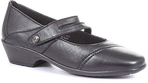 Pavers Ladies Wide Fit Leather Mary-Jane Shoes in Black - Unique Split Strap - Elegant Work or Play Footwear - Reliable & Stylish - Size UK 8 / EU 41