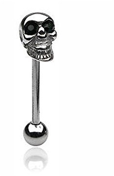 Gekko Body Jewellery Zungenpiercing / Barbell Chirurgenstahl Totenkopf mit schwarzen Zirkonia Augen – 1,6 mm (14 Gauge) x 16 mm