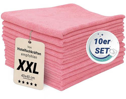 ZOLLNER Juego de 10 paños de Microfibra para un Brillo sin Rayas - paños de Limpieza sin Pelusa y Muy absorbentes - Lavables hasta 60 °C - 40x40 cm en Color Rosa- Calidad de Hotel
