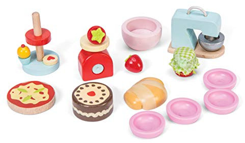 Le Toy Van Wooden Make And Bake Doll's House Accessories Set With Mixer, Cake, Cake Stand, Pizza, Bowls, Scales