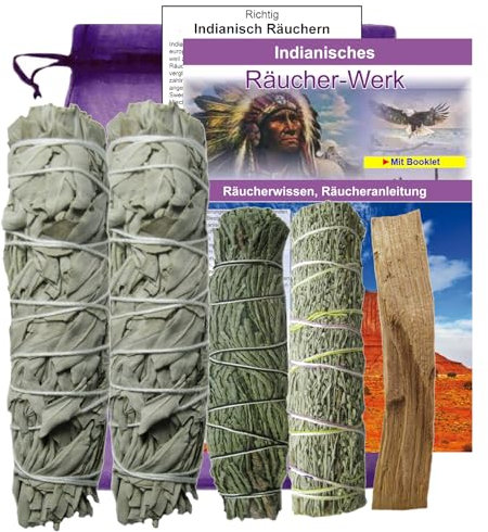 White Sage Salbei + Präriebeifuss + Zeder + Palo Santo zum Räuchern für Hausreinigung & Rauhnächte 7-TLG Räucherset mit Anleitung + Booklet indianisches RÄUCHERWISSEN. 81019-L
