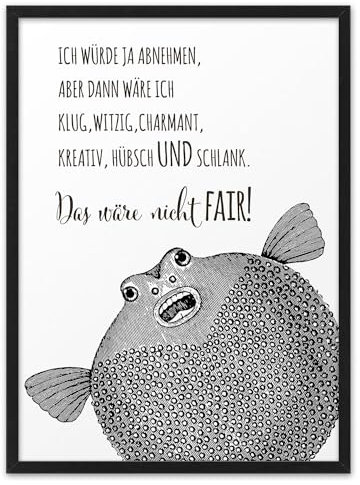 ABNEHMEN KUGELFISCH | ABOUKI Kunstdruck | Coole Witzige Geschenke Kleine Lustige Geschenke Wandbild Poster Plakat Spruch Bild Schilder Wanddekoration Aufmunterung | DIN A4, A3 / Rahmen optional
