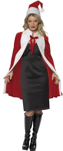 Smiffys Deluxe Santa Kit for Women, Red & White Christmas Fancy Dress Set with Luxury Velvet Cape and Santa Hat, Festive Miss Santa Accessory Kit for Holiday Parties, Events & Xmas Costumes, one size