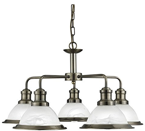 Bistro 5 Lamp Industrial Pendant Ceiling Light Antique Brass - Searchlight 1595-5AB