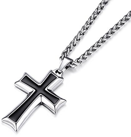 HZMAN Herren Edelstahl Kreuz Anhänger Halskette Schmuck Geschenk mit Weizenkette (Silber)