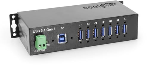 Coolgear Industrial 7-Port USB 3.2 Hub with Screw-Locking Ports, 5Gbps Speeds, and Surge Protection