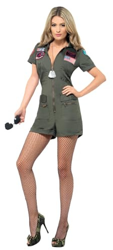 Smiffys Top Gun Aviator Costume, Green with Playsuit & Sunglasses, Officially Licensed Top Gun Fancy Dress, Adult Dress Up Costumes