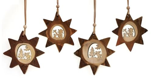 4X Deko Anhänger Stern Winterlandschaft im Set je 9 cm, Holz Rindenholz Braun Natur Dekostern Zum Hängen, Winterdeko Baumschmuck Fensterschmuck