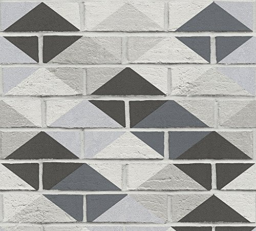 A.S. Creation 33088-1 Kitchen Dreams Patterned Brick Design Wallpaper, Black/Metallic Silver/Grey