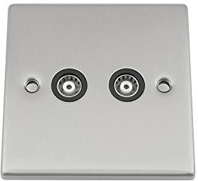 TV Coaxial Aerial Socket Double 2 Gang - Satin Chrome - Black - Square