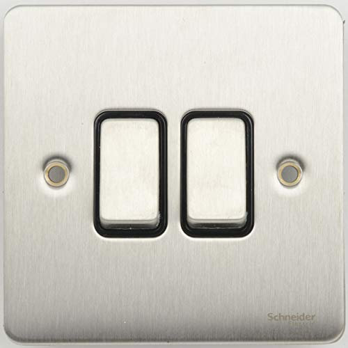 Schneider Electric Ultimate Flat Plate - Double 2 Way Light Switch, 16AX, GU1222BSS, Stainless Steel with Black Insert