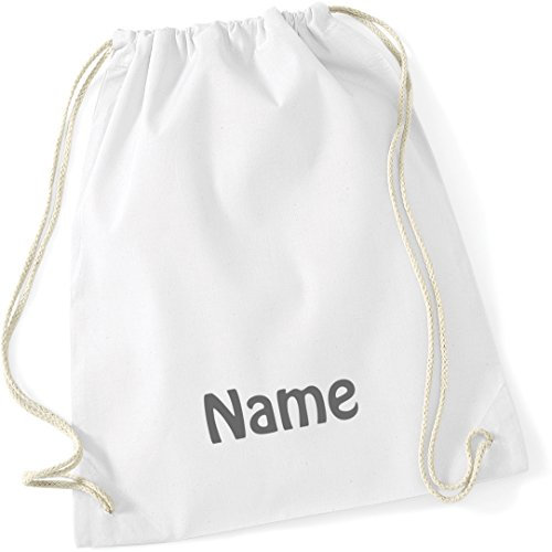 Schnoschi Turnbeutel weiß mit Namen Bestickt aus 100% Baumwolle, Sportbeutel, Schwimmbeutel, Gym Sack, Gym Bag