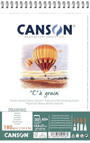Canson 400060623 C a grain-leicht gekörnt Zeichenpapier, 180 g/qm, A5+, 30 Blatt pro Block Spirale an der kurzen Seite, 148 x 235 mm, weiß