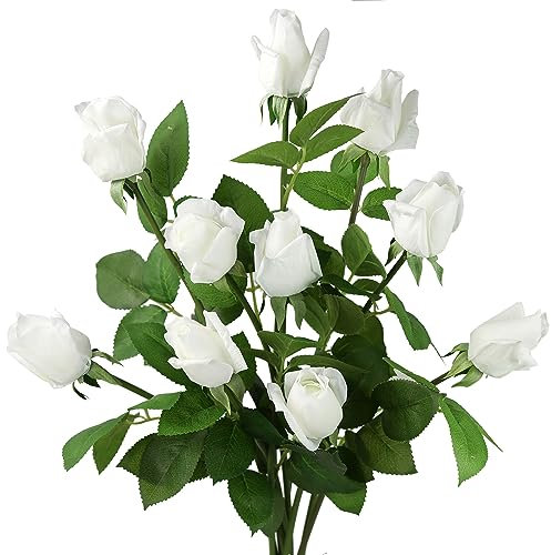 FiveSeasonStuff Roses Artificial Flowers 10 Long Stems (53cm) White Real Touch Silk Roses ‘Petals Feel and Look like Fresh Roses’ Bouquet of Flowers Floral Arrangements