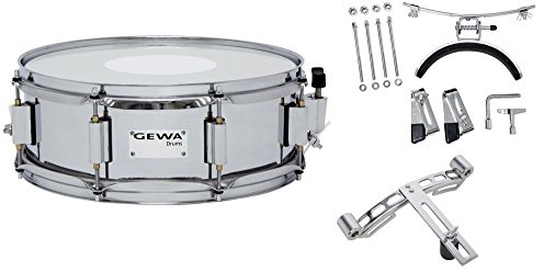 GEWA Marschtrommel klein, Birkenkessel weiß, 14 x 5, 8 Spannschrauben, Remo USA Felle, inkl. Lochplatte und Kniestütze