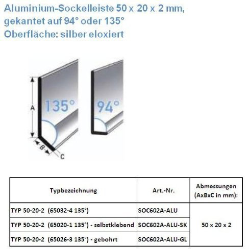 25 Meter Fußleisten / Sockelleisten TYP 50-20-2 (Aluminium silber eloxiert / 65020-1 135° SK) - selbstklebend
