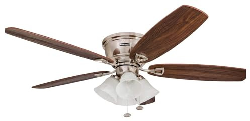 Honeywell 50182 Ventilatore da soffitto Quick-2-Hang Hugger, LED dimmerabile da 132,1 cm con faretti in marmo bianco, facile installazione con lame in noce e nichel spazzolato