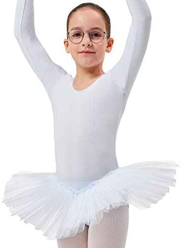 tanzmuster ® Ballettkleid Mädchen Langarm - Alea - (Größe 92-170) Tutu aus weicher Baumwolle Ballettbody Ballett Trikot in weiß, Größe 92/98
