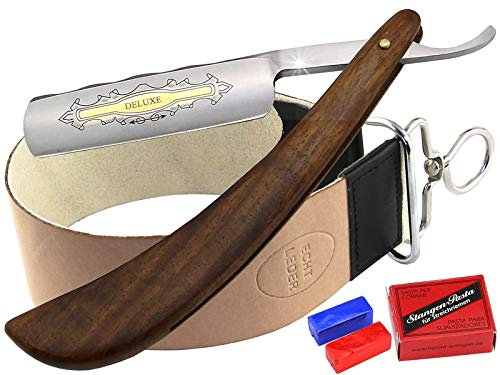 Rasiermesser Set 3-Teilig mit Leder Streichriemen und Schleifpaste
