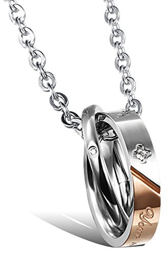 JewelryWe Schmuck Edelstahl Your Smile Make me Happy Doppel Ringe Verriegelt Partner-Anhänger mit 45cm und 50cm Kette, Halskette für Damen & Herren, Rose Gold Schwarz Silber