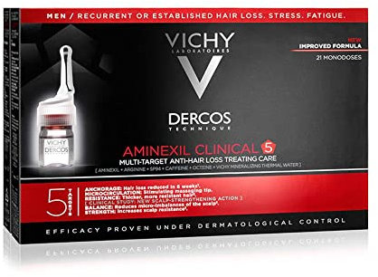 VICHY Aminexil Clinical 5 Männer, Serum, Ampullen, Sensible Kopfhaut, Anti-Haarausfall, Für dünnes Haar, Behandelt Haarwurzeln und -fasern, Revitalisierend, Dercos, 21 x 6 ml