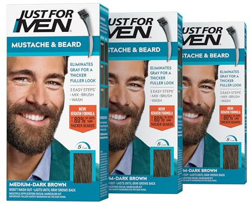 Just For Men Mustache & Beard, Beard Coloring for Gray Hair with Brush, with Keratin Biotin Aloe and Coconut Oil for Healthy Facial Hair - Medium-Dark Brown, M-40, Pack of 3 (Packaging May Vary)