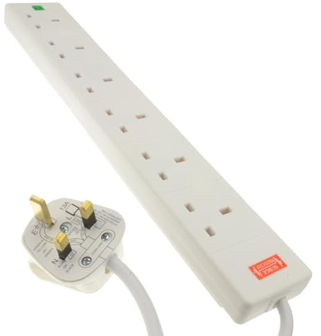 kenable Surge Protected 6 Gang Way Mains Extension Socket UK 13A White 2m [2 metres]